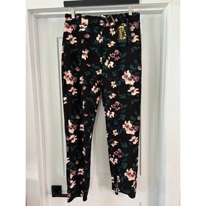 NEW Spark Womens XL Black Pink Floral Belted High Rise Tapered Ankle Pants